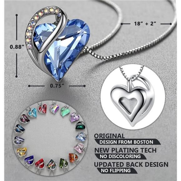 Love Heart Pendant Necklace, Crystal Necklaces Silver Tone Jewelry 18-inch Chain - Picture 3 of 7